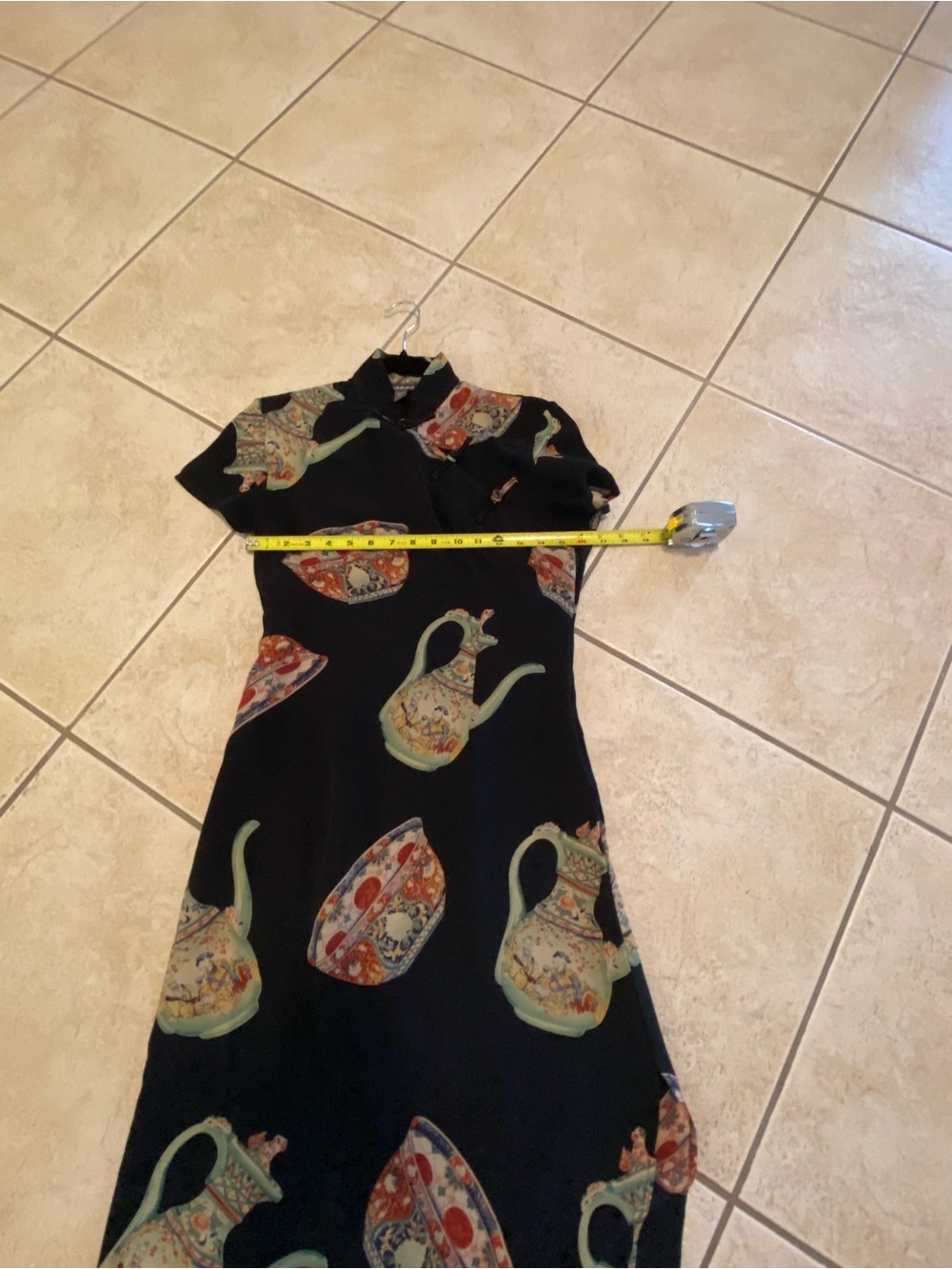 Black 100% Pure Silk Tea Pot Print Midi Dress with Mandarin Collar - Picture 9 of 12